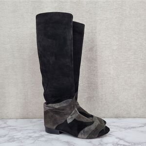 Mario Valentino Vintage 80s 90s Black Gray Tall Pull On Suede Knee High Boots